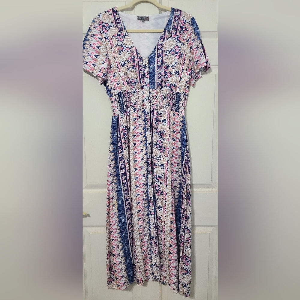 Floral Patterned Dress - Blue and Pink Size Xl